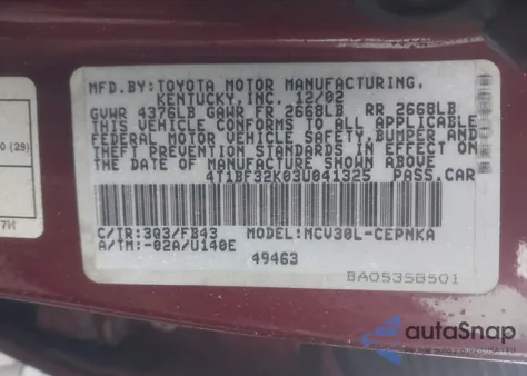 2003 Toyota Camry Le V6 z USA, uszkodzony, nr VIN 4T1BF32K03U041325